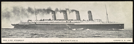 Postcard image of the <i>Mauretania</i> circa 1908.  Yelverton sailed on the steamship from England in 1919.  Image from the Library of Congress Prints & Photographs Online Catalog. 