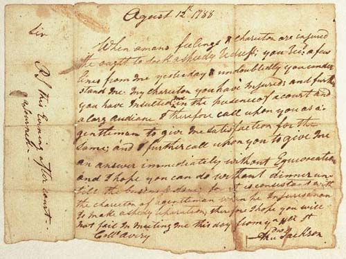 Duel challenge written by Andrew Jackson and addressed to Col. Waightstill Avery on August 12, 1788. Available from the NC Museum of History. 
