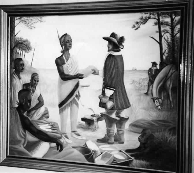 Photo of a painting of George Durant receiving a deed from the chief of the Yeopim Indians, entitled "Durant's Deed" in Perquimans County Central Grammer School, Winfall, NC. Painted by W. Frith Winslow. 