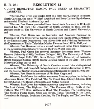 North Carolina General Assembly. 1979. "Resolution 12: A Joint Resolution Naming Paul Green as Dramatist Laureate."