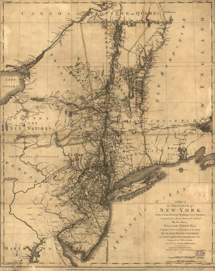 Image of "map of the Province of New-York reduc'd from the large drawing of that Province, complied from actual surveys by order of His Excellency William Tryon, Esqr., Captain General & Governor of the same," published 1776 by Claude Joseph Sauthier. Presented on Library of Congress.