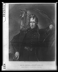 Andrew Jackson in military apparel. He is wearing a coat and buttoned jacket. He is posed.