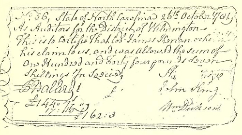 Revolutionary war voucher issued to James Kenan. From The Kenan family and some allied families of the compiler and publisher.
