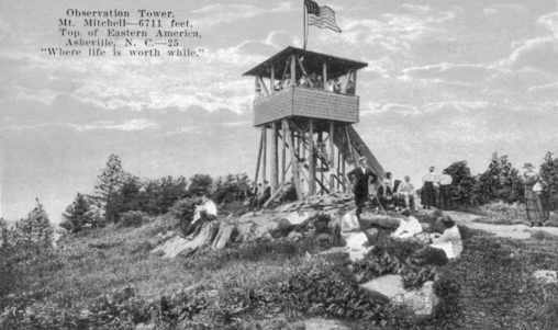 Postcard from 1920 showing the observation tower on the summit of Mount Mitchell and incorrectly listing its elevation as 6,711 feet. The exact height of Mount Mitchell was not established until well into the twentieth century. North Carolina Collection, University of North Carolina at Chapel Hill Library.
