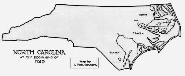 Map of North Carolina counties circa 1740