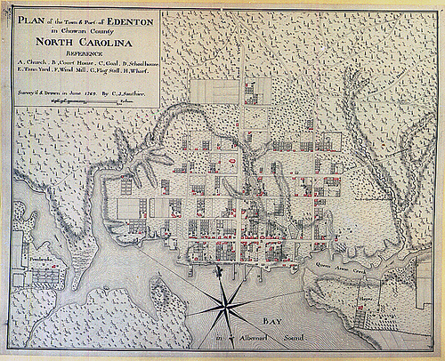 Plan of the Town of Edenton 1769, by C. J. Sauthier. Original in British Library, London. This copy from General Negative Collection, Non-Textual Materials Unit, North Carolina State Archives, call #:  T_84_6_5, Raleigh, NC.