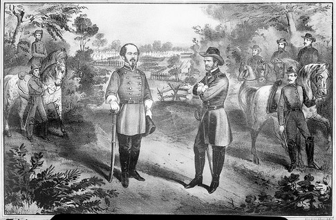 "Gen Johnston's Surrender- a Painting." General Joseph E. Johnston surrenders to Union General William T. Sherman at Bennett Place, April 1865. From the Barden Collection, North Carolina State Archives, Raleigh, NC. Call #: N_53_15_1953 