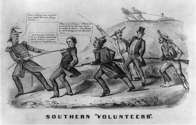 "Southern Volunteers", ca 1862. Summary from Library of Congress: "The print may have appeared soon after the Confederate Congress passed a national conscription act on April 16, 1862, to strengthen its dwindling army of volunteers...." Courtesy of Library of Congress.