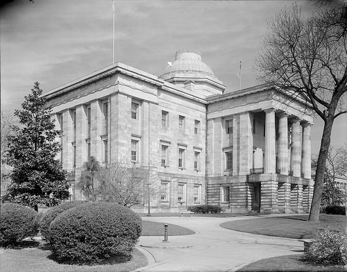 NC State Capitol, Raleigh, NC, from the southeast ,early 1940s. From the Albert Barden Collection, North Carolina State Archives, call #:  N.53.15.558. 