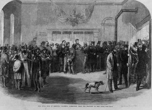 "The Civil War in America: claiming exemption from the draught [i.e., draft] in New York." 1863; Library of Congress Summary: Summary: Men in room seeking exemption from being drafted into the military. Photo courtesy of the Library of Congress.  