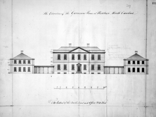 Plans showing the front elevation of Tryon Palace designed by John Hawks in 1767. The original plans are in the British Public Records Office. Courtesy of North Carolina Office of Archives and History, Raleigh.