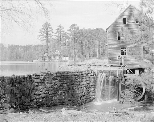 Piedmont mills harnessed water power; Yates Mill and pond, Raleigh, NC. Image courtesy of the State Archives of NC. 